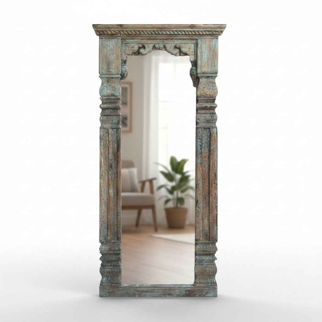 KB ART Distressed Blue Architectural Pillar Solid Wood Floor Mirror – Handcrafted Rajasthani Jodhpur Home Decor