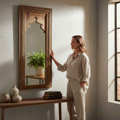 KB ART Natural Wood Carved Jharokha Solid Wood Wall Mirror – Handcrafted Rajasthani Jodhpur Home Decor