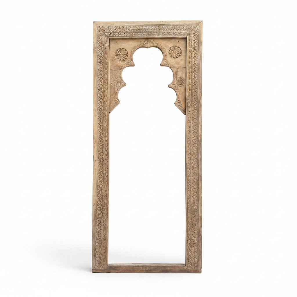 KB ART Bleached White Carved Arch Solid Wood Door-Style Wall Mirror – Handcrafted Rajasthani Jodhpur Home Decor