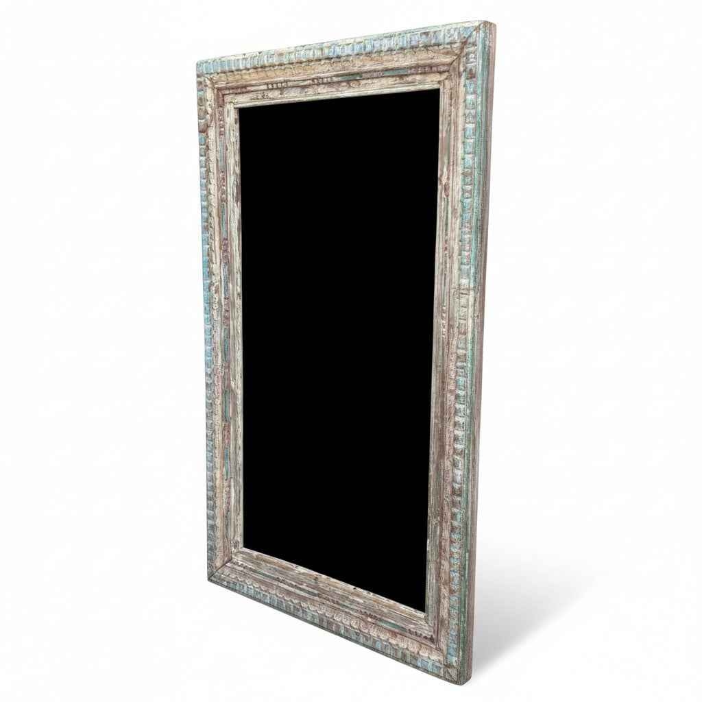 KB ART Distressed Pastel Patina Carved Patina Solid Wood Floor Mirror – Handcrafted Rajasthani Jodhpur Home Decor