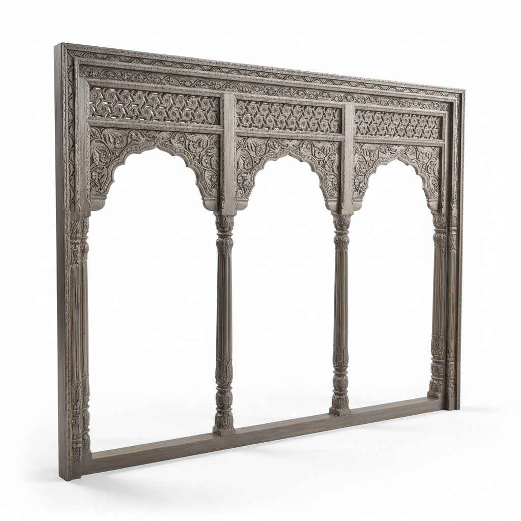 KB ART Natural Wood Intricate Carved Triple Arch Solid Wood Wall Mirror – Handcrafted Rajasthani Jodhpur Home Decor