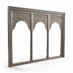 KB ART Natural Wood Intricate Carved Triple Arch Solid Wood Wall Mirror – Handcrafted Rajasthani Jodhpur Home Decor
