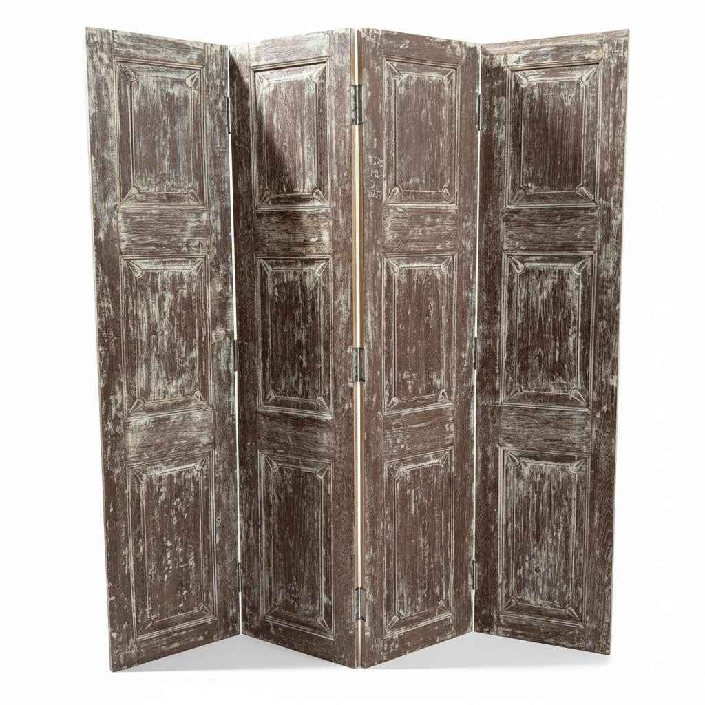 KB ART Whitewashed 4-Panel Solid Wood Room Divider – Handcrafted Rajasthani Antique Room Divider for Home Decor Styling