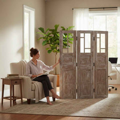 KB ART Distressed White Asymmetric Folding Screen – Handcrafted Rajasthani Antique Folding Screen for Home Decor Styling