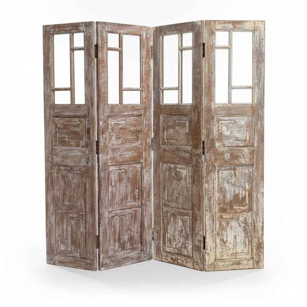 KB ART Distressed White Asymmetric Folding Screen – Handcrafted Rajasthani Antique Folding Screen for Home Decor Styling