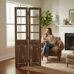 KB ART Rustic French-Door Room Divider Screen – Handcrafted Rustic Antique Room Divider for Home Decor Styling