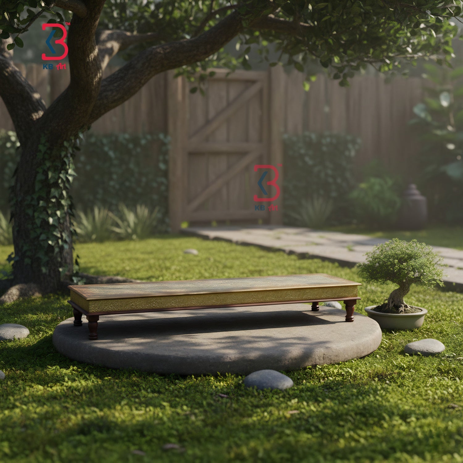 Garden setting with a wooden bench, tree, and small garden in a backyard.
