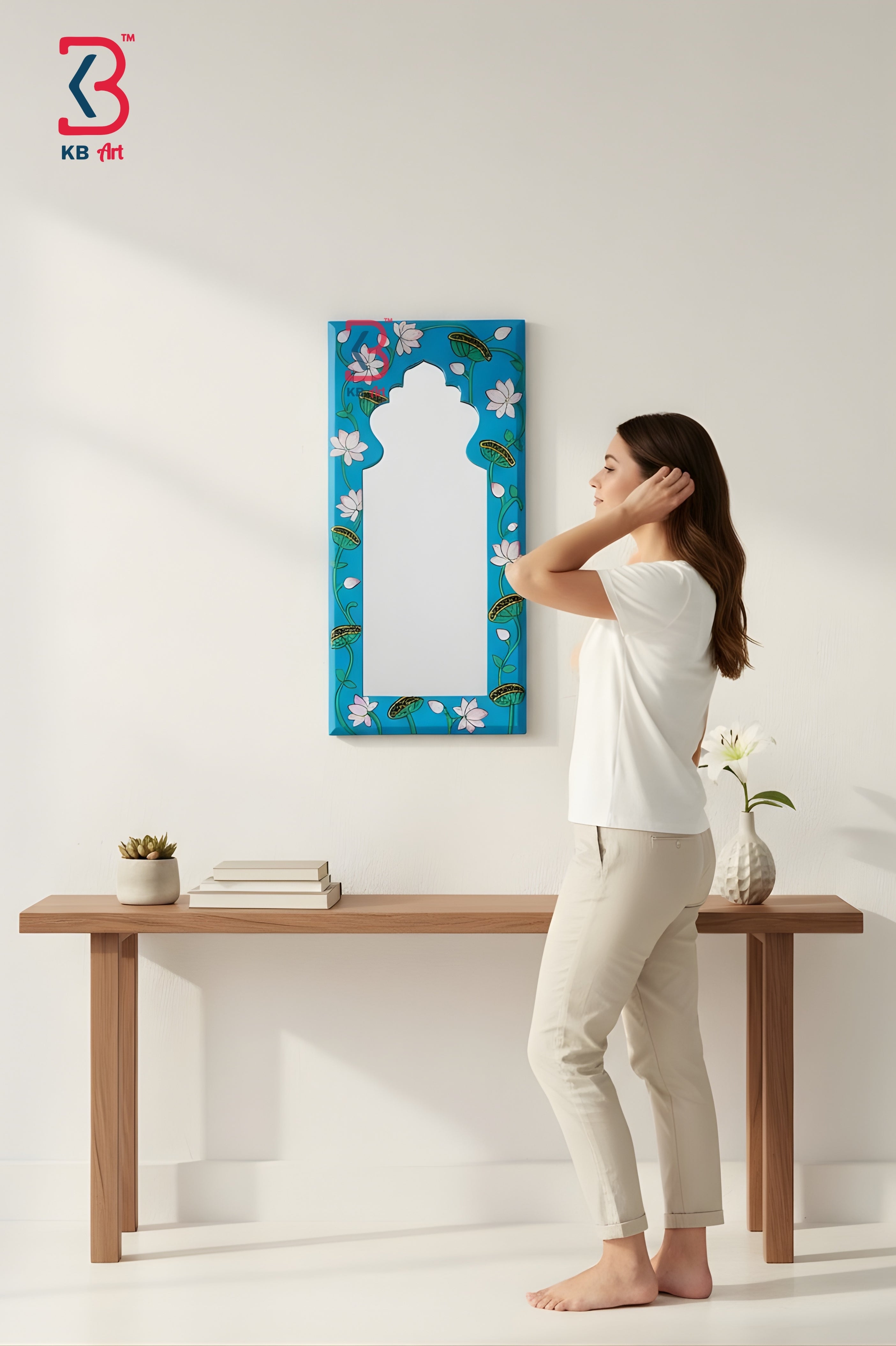 KB ART Blue Lotus Handpainted Wooden Jharokha Mirror - Styled Display in Home Interior Setting - Handcrafted Wooden Decor Jodhpur