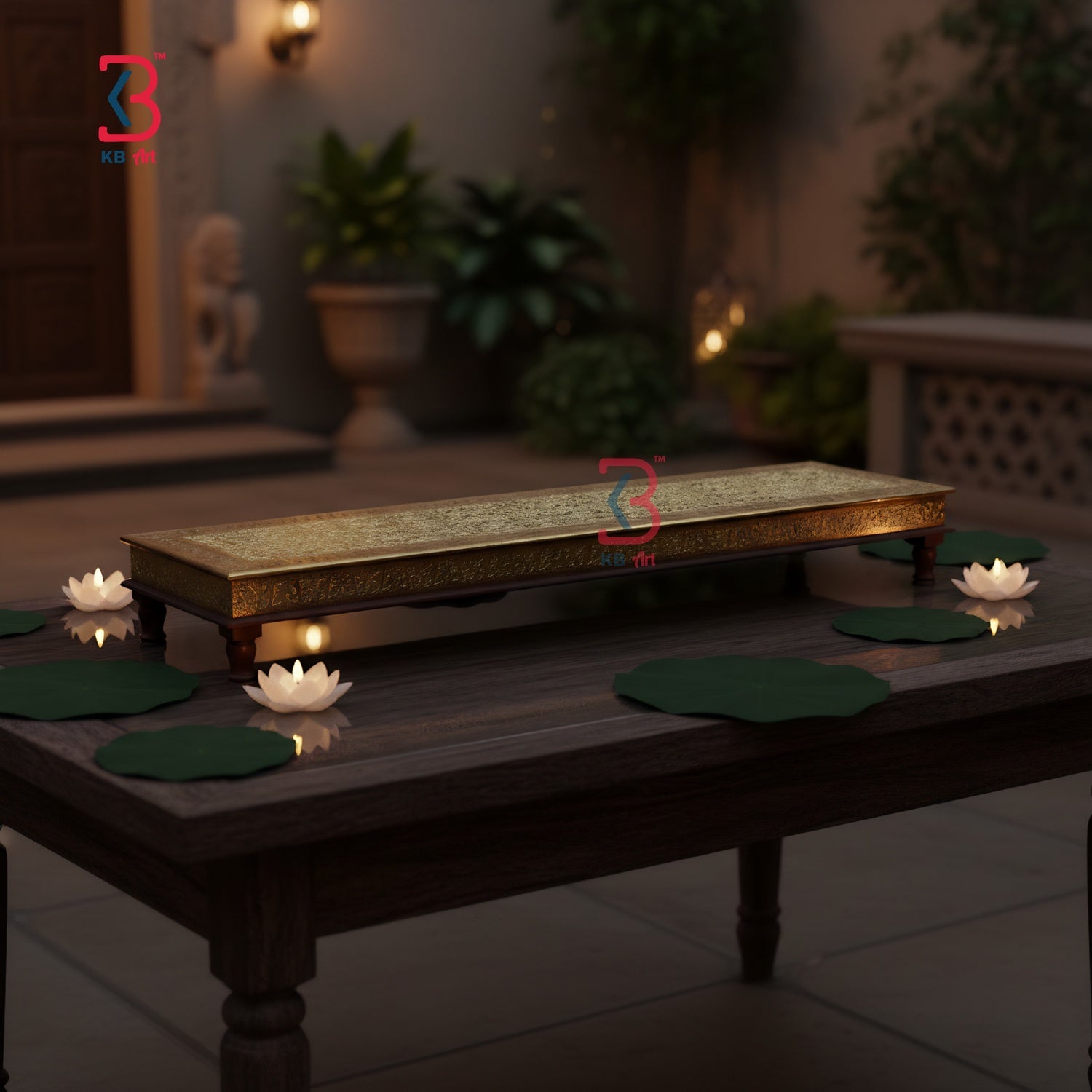 Decorative wooden platform with lotus leaves and candles on a reflective surface