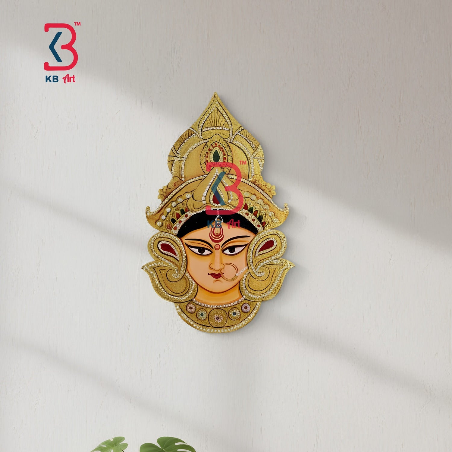 KB ART Mata Ji Face Pichwai Wall Decor - Front View of Handcrafted Detailing - Handcrafted Wooden Decor Jodhpur