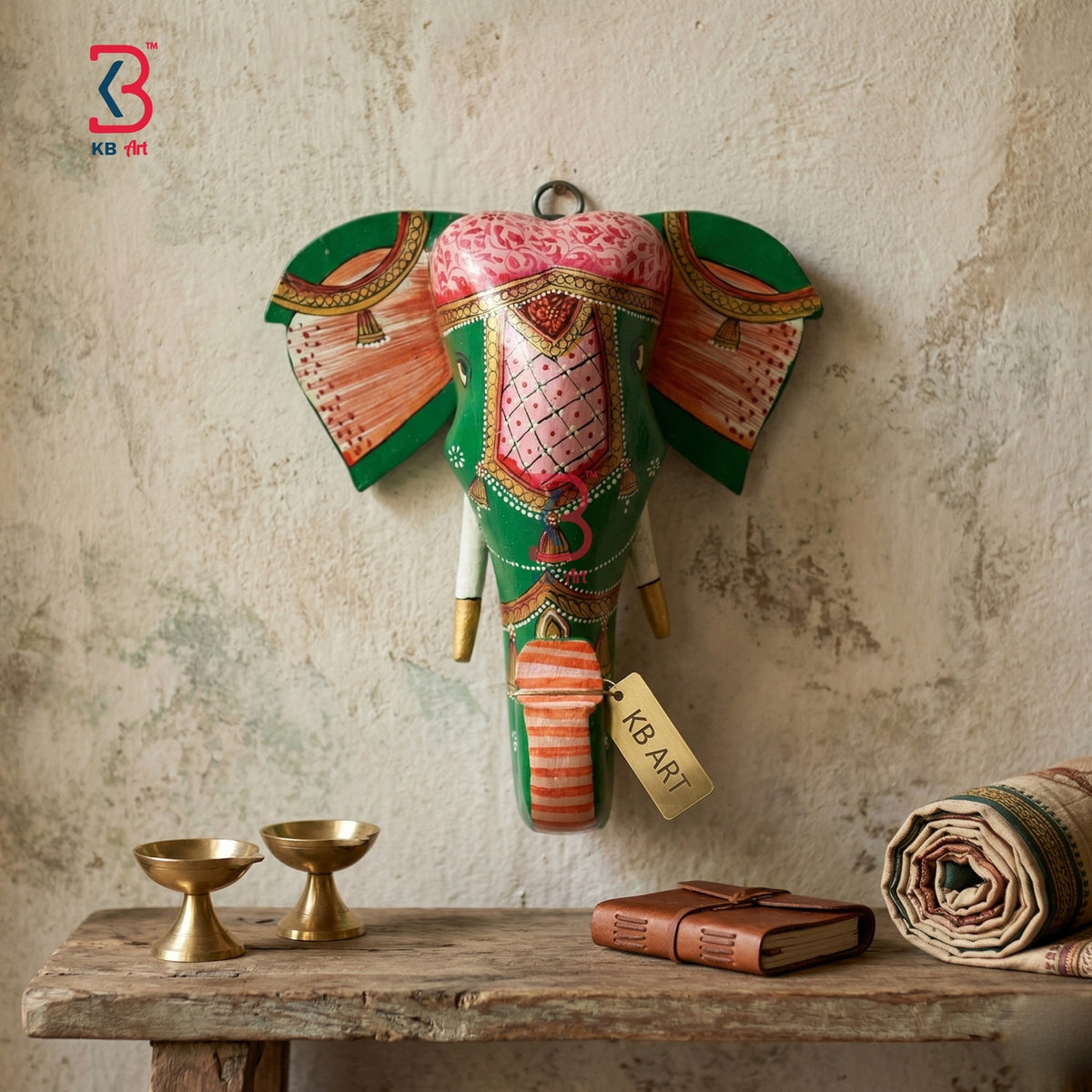 KB ART Wooden Elephant Head 7inches - Close-Up of Hand-Carved Artisan Texture - Handcrafted Wooden Decor Jodhpur