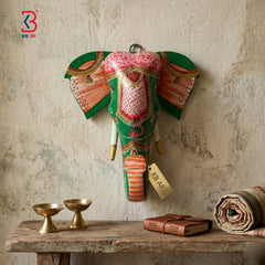 KB ART Wooden Elephant Head 7inches - Close-Up of Hand-Carved Artisan Texture - Handcrafted Wooden Decor Jodhpur