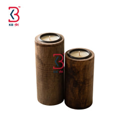 KB ART Handcrafted Wooden Pillar Candle Holders - Front View of Handcrafted Detailing - Handcrafted Wooden Decor Jodhpur