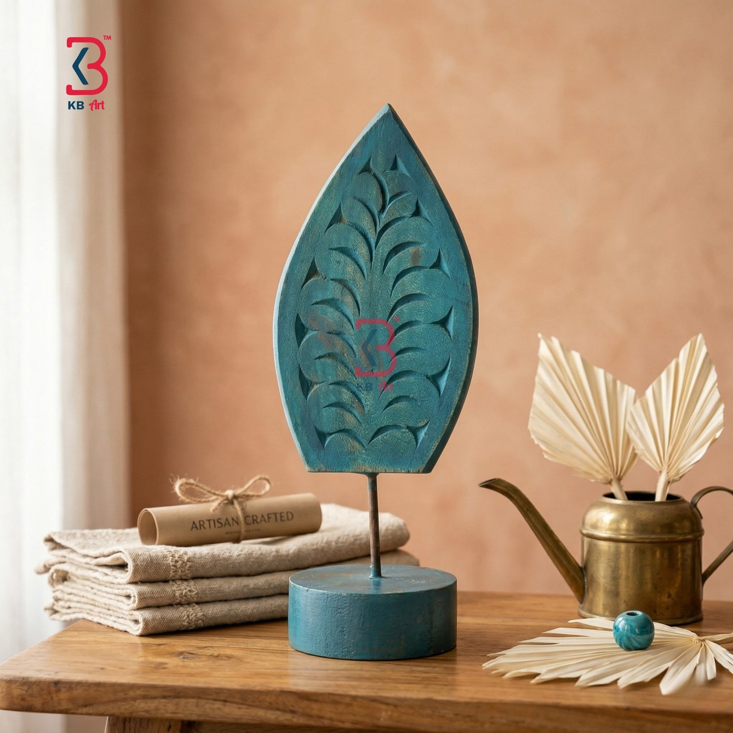 KB ART Wooden Carved Christmas Tree With Stand - Front View of Handcrafted Detailing - Handcrafted Wooden Decor Jodhpur