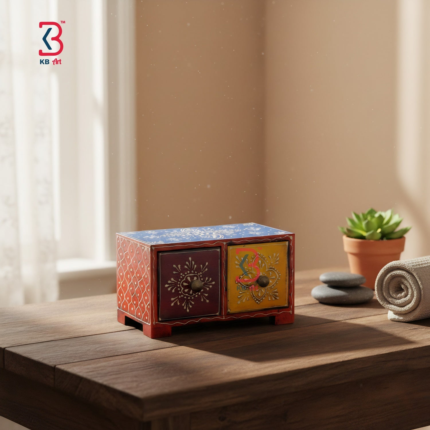 KB ART Hand Painted Wooden 2 Drawer Jewelry Box - Styled Display in Home Interior Setting - Handcrafted Wooden Decor Jodhpur