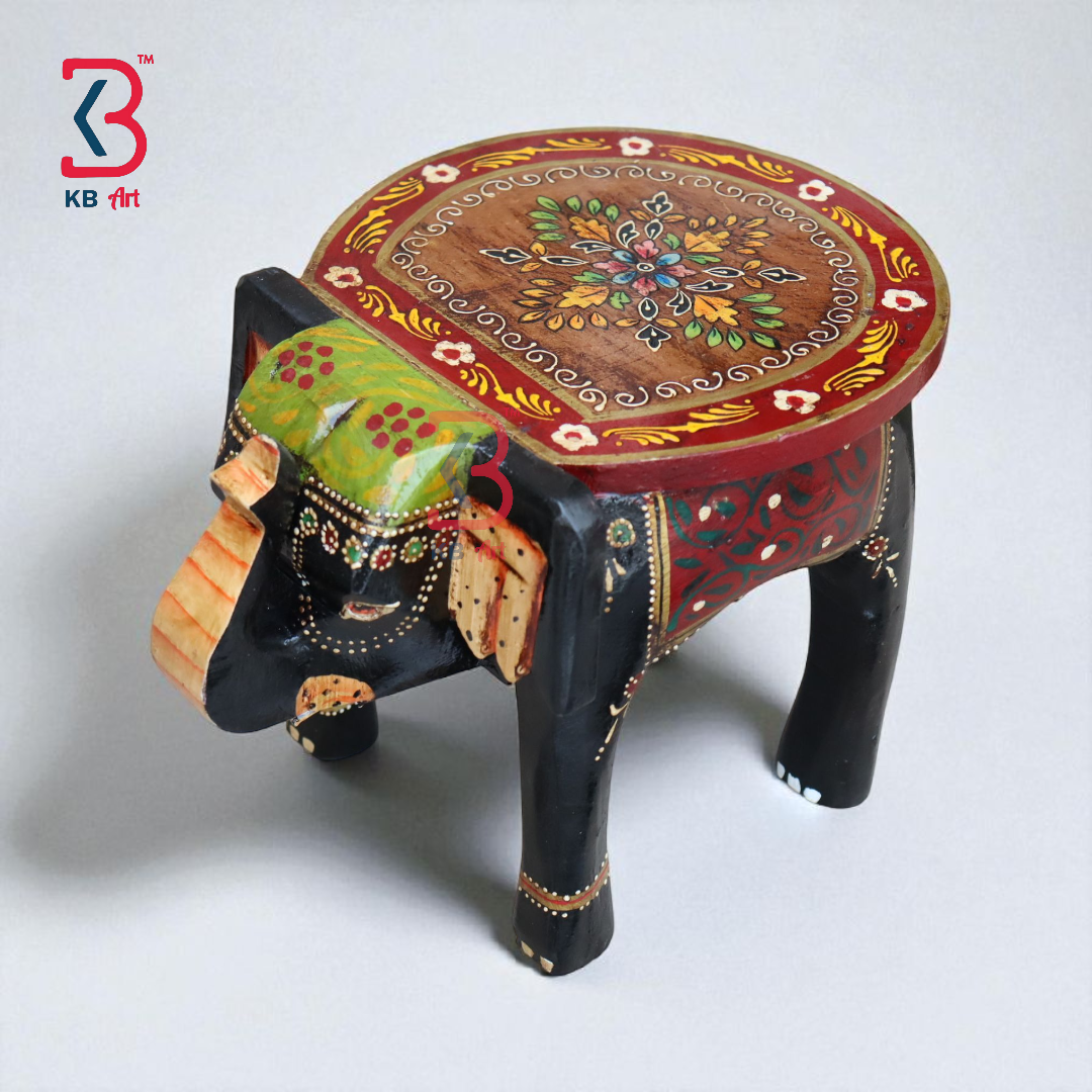 KB ART Handpainted Wooden Elephant Stool –  8 Inch Black & Red Misri Art | Handcarved Antique Look Home Decor & Gifting