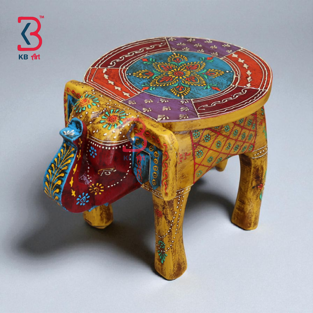 KB ART Handpainted Wooden Elephant Stool –  8 Inch Yellow Base with Multicolour Amboz Jodhpuri Art | Antique Look Handcarved Home & Table Décor