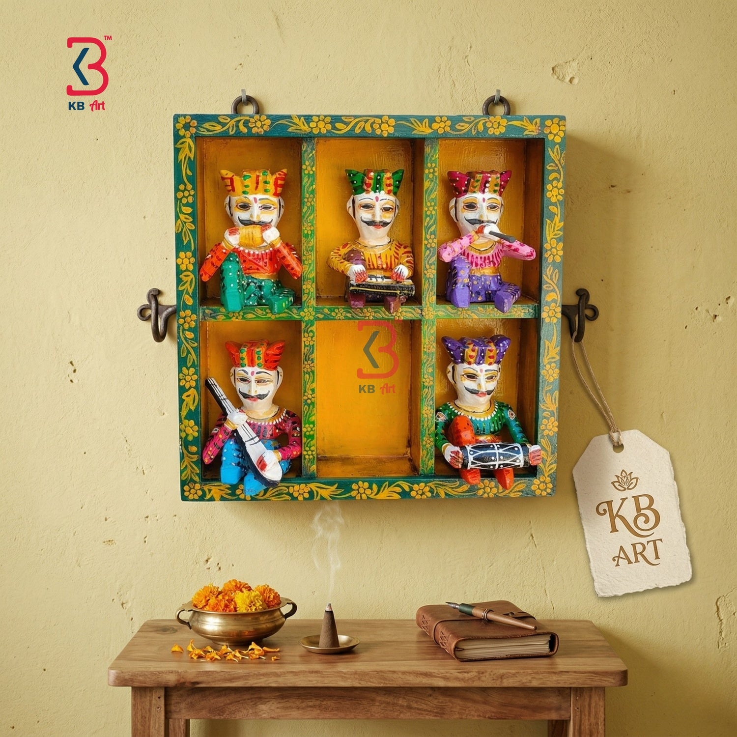 KB ART Rajasthani Musicians Wall Decor - Close-Up of Hand-Carved Artisan Texture - Handcrafted Wooden Decor Jodhpur