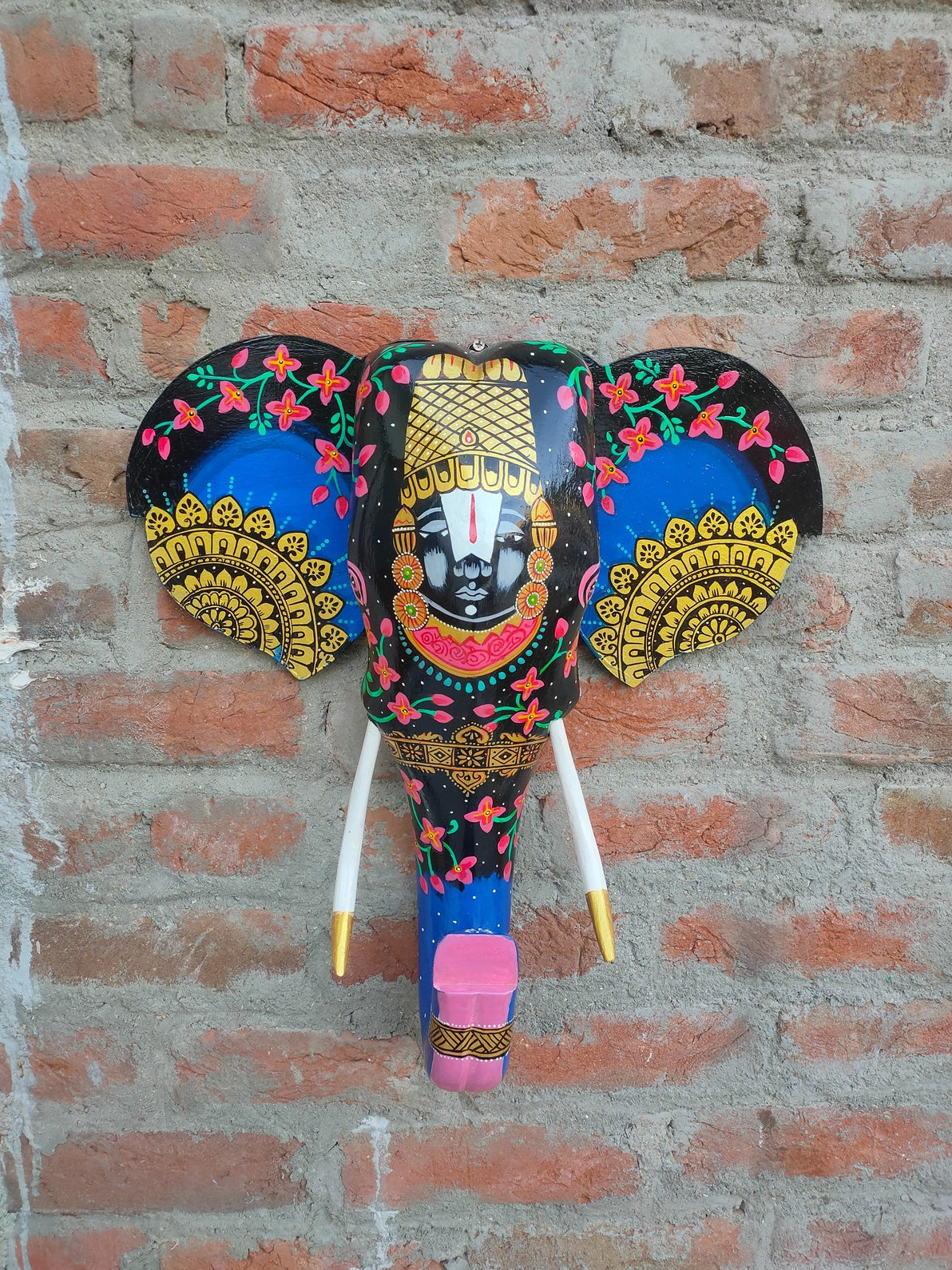 KB ART Wooden Elephant Head Shrinathji 18inches - Side Angle Showing Finish and Craftsmanship - Handcrafted Wooden Decor Jodhpur