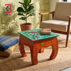 KB ART Vibrant Floral Handpainted Wooden Side Table - Close-Up of Hand-Carved Artisan Texture - Handcrafted Wooden Decor Jodhpur