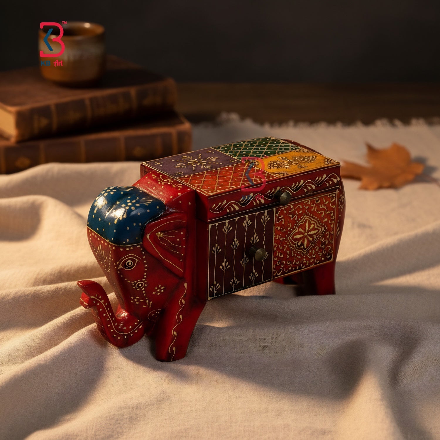 KB ART Wooden Elephant Box - Close-Up of Hand-Carved Artisan Texture - Handcrafted Wooden Decor Jodhpur