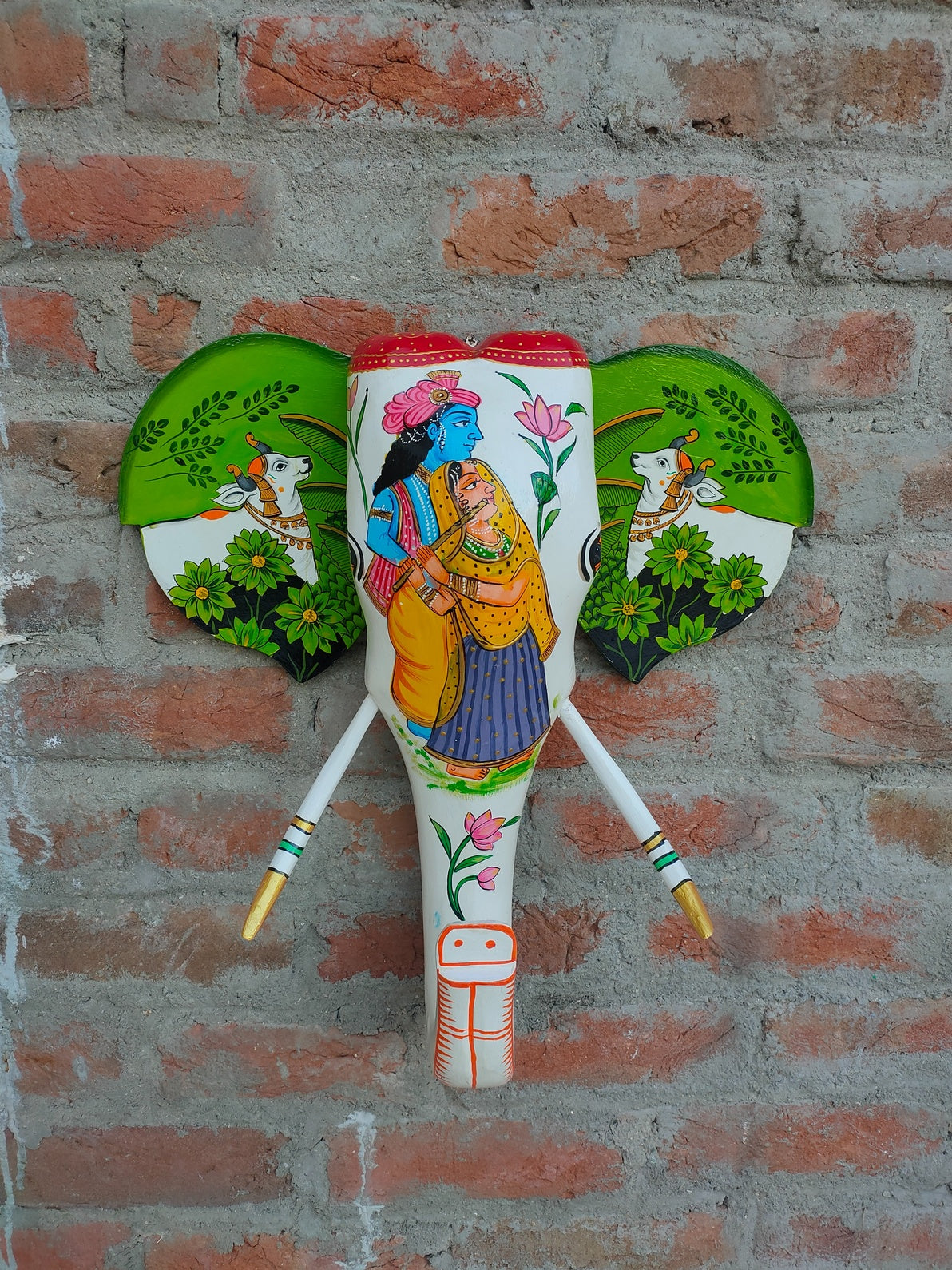 KB ART Wooden Elephant Head Radha Krishna 18inches - Side Angle Showing Finish and Craftsmanship - Handcrafted Wooden Decor Jodhpur