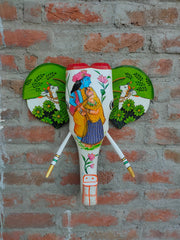 KB ART Wooden Elephant Head Radha Krishna 18inches - Side Angle Showing Finish and Craftsmanship - Handcrafted Wooden Decor Jodhpur