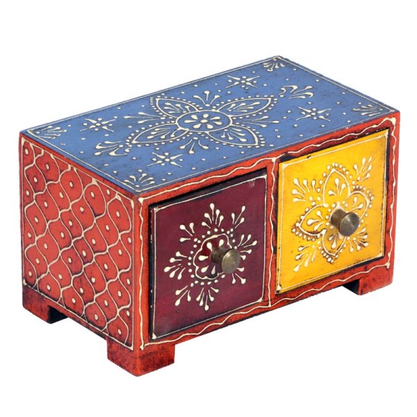 KB ART Hand Painted Wooden 2 Drawer Jewelry Box - Side Angle Showing Finish and Craftsmanship - Handcrafted Wooden Decor Jodhpur