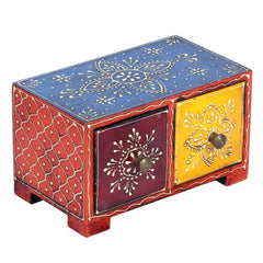 KB ART Hand Painted Wooden 2 Drawer Jewelry Box - Side Angle Showing Finish and Craftsmanship - Handcrafted Wooden Decor Jodhpur