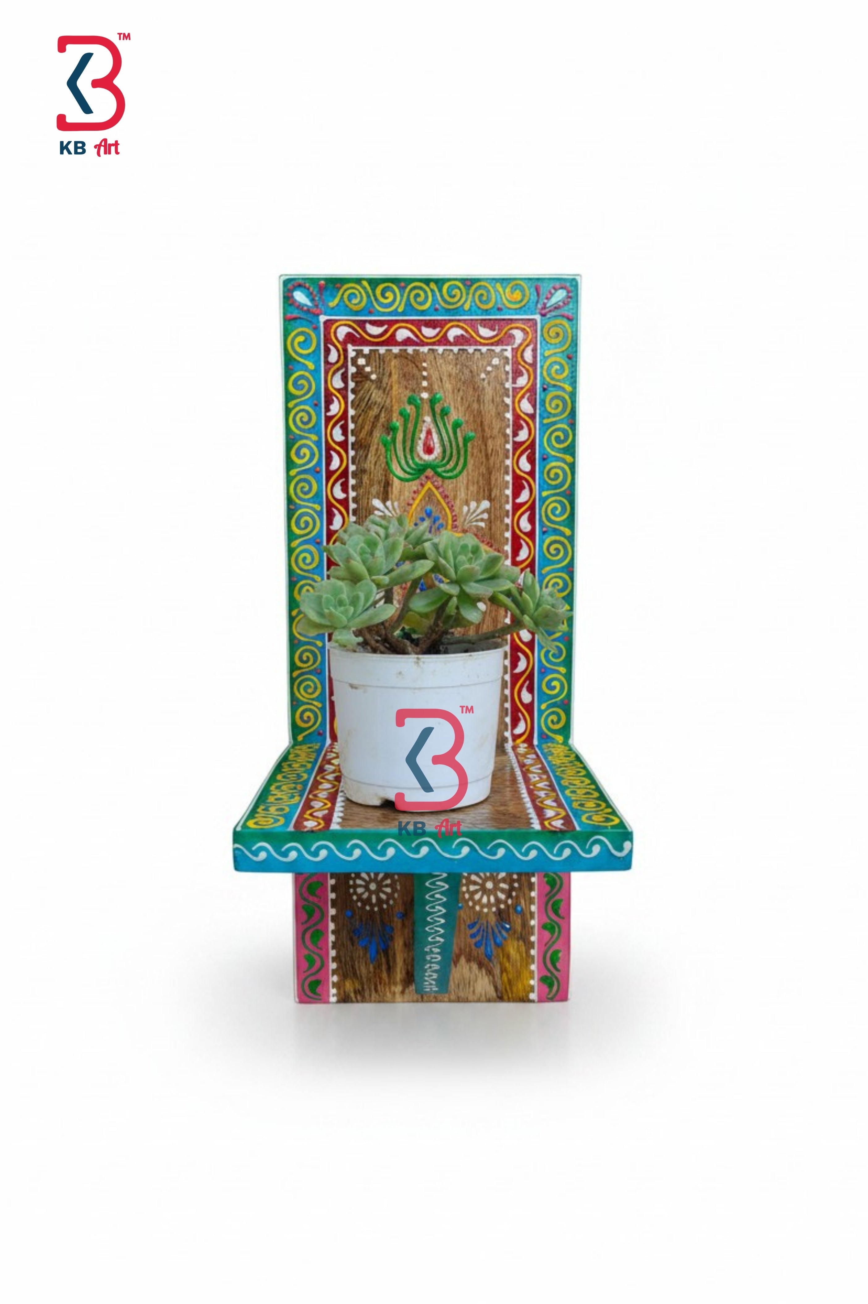 KB ART Wooden Rectangle Painted Planter Shelf - Front View of Handcrafted Detailing - Handcrafted Wooden Decor Jodhpur