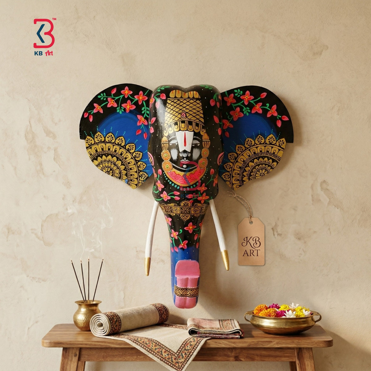 KB ART Wooden Elephant Head Shrinathji 18inches - Close-Up of Hand-Carved Artisan Texture - Handcrafted Wooden Decor Jodhpur