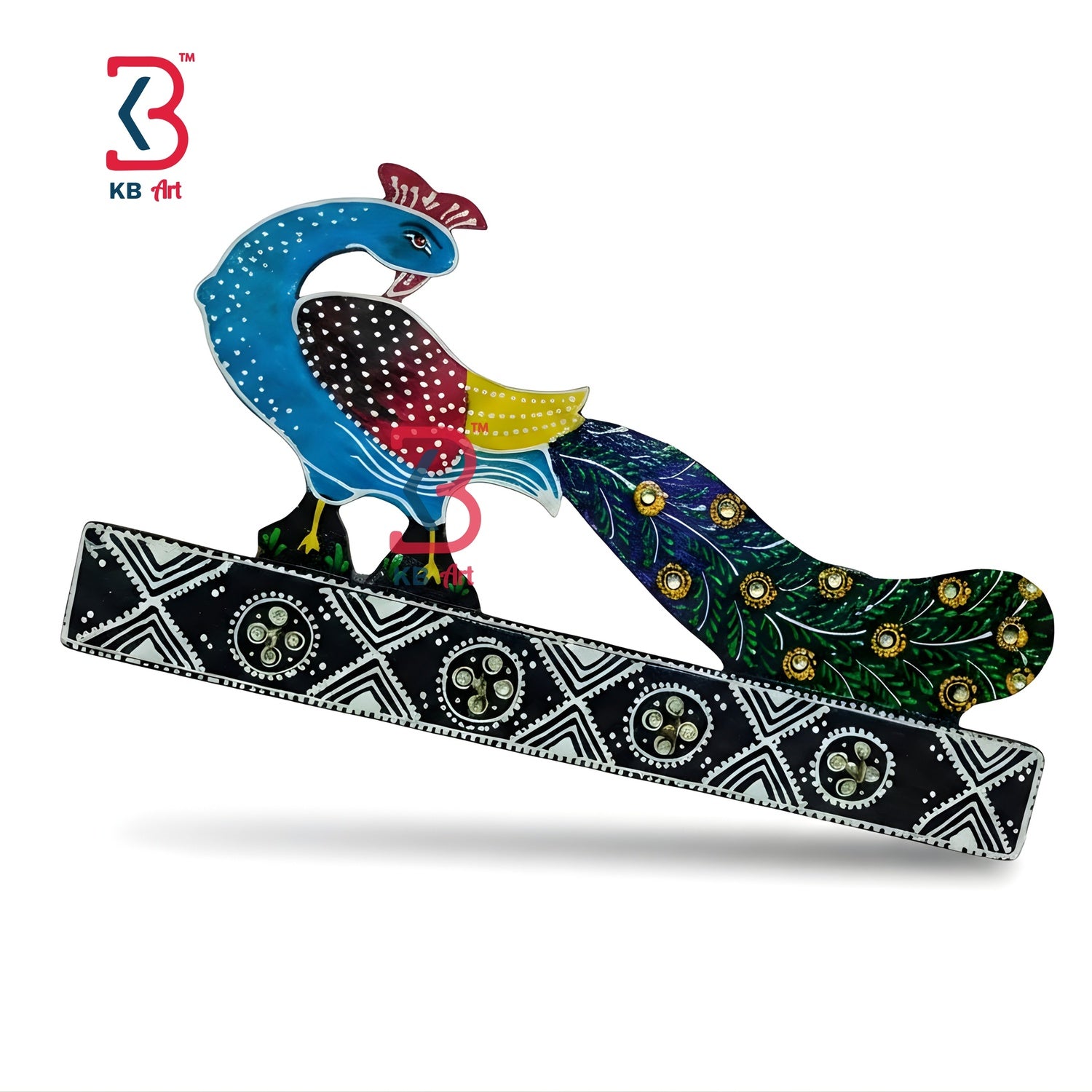 KB ART Hand Painted Peacock Key Stand - Styled Display in Home Interior Setting - Handcrafted Wooden Decor Jodhpur