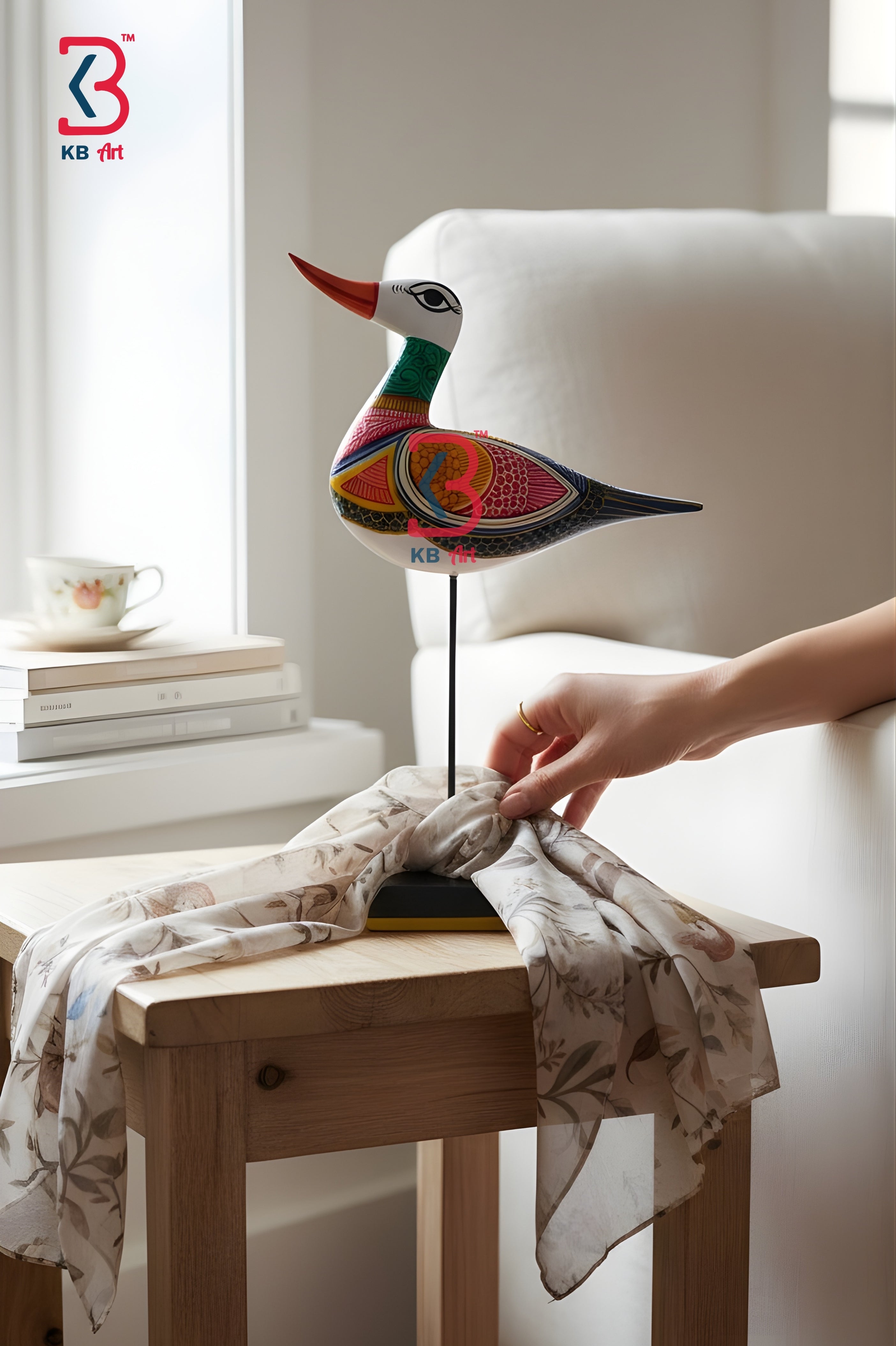 KB ART Wooden Duck Big Stand Pattachitra - Styled Display in Home Interior Setting - Handcrafted Wooden Decor Jodhpur