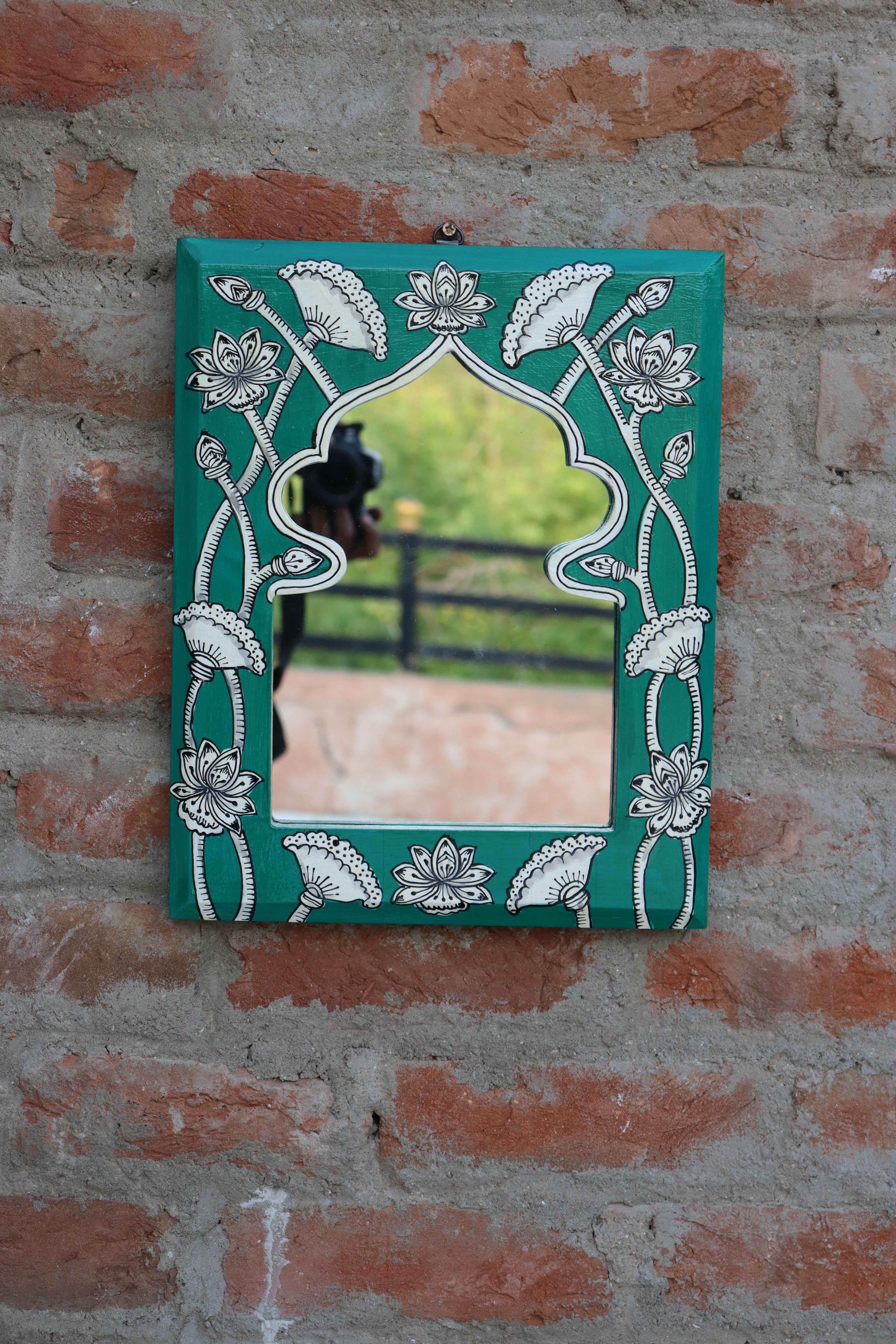KB ART Handpainted Wooden Wall Mirror – Turquoise Pattachitra Arch Frame | Boho Jharokha Mirror | Traditional Indian Home Decor | Handpainted Wooden Wall Mirror from Jodhpur
