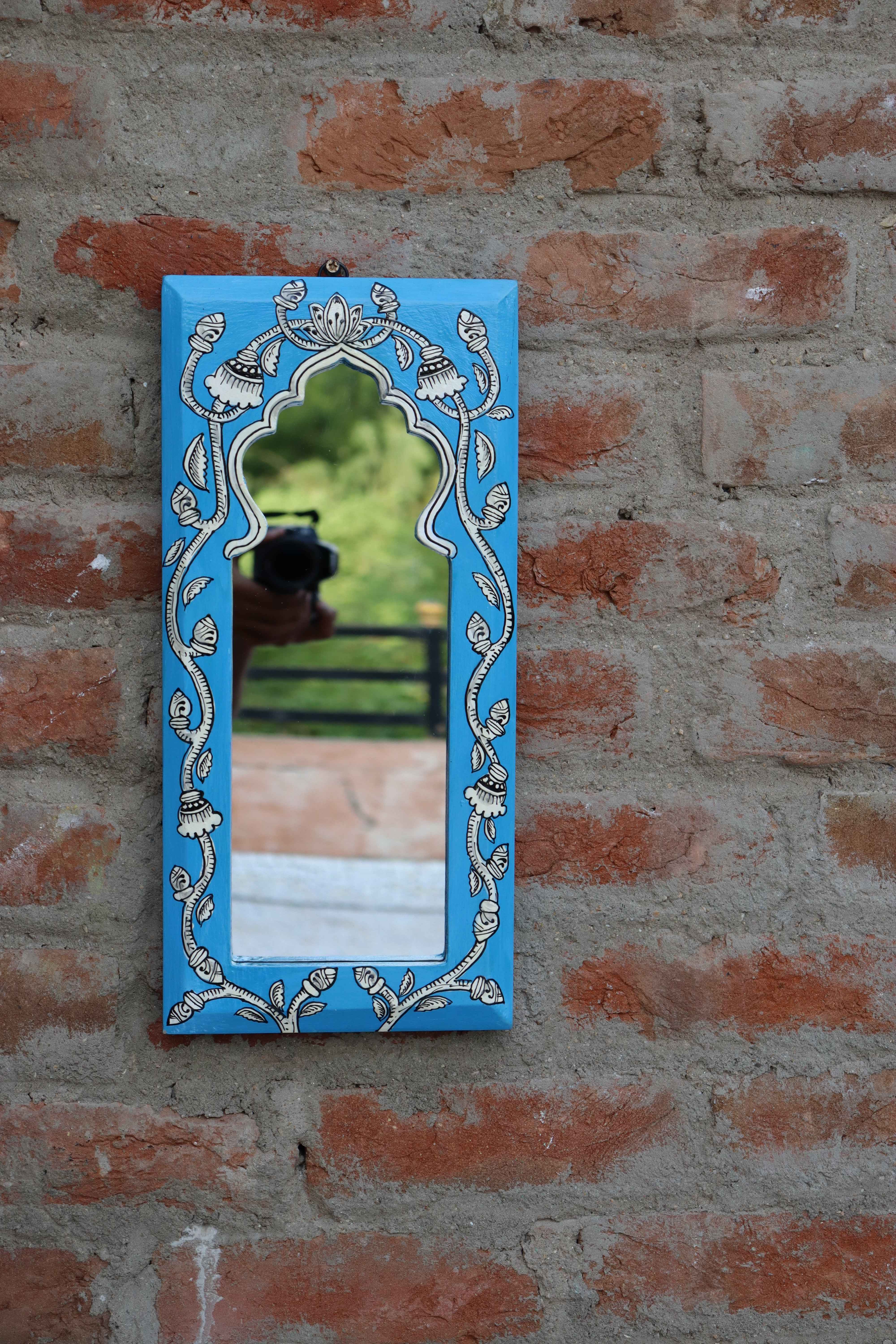 KB ART Handpainted Wooden Wall Mirror – Jodhpuri Blue Pattachitra Arch Frame |  Boho Jharokha Mirror | Traditional Indian Home Decor