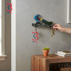 KB ART Hand Painted Peacock Key Stand - Close-Up of Hand-Carved Artisan Texture - Handcrafted Wooden Decor Jodhpur