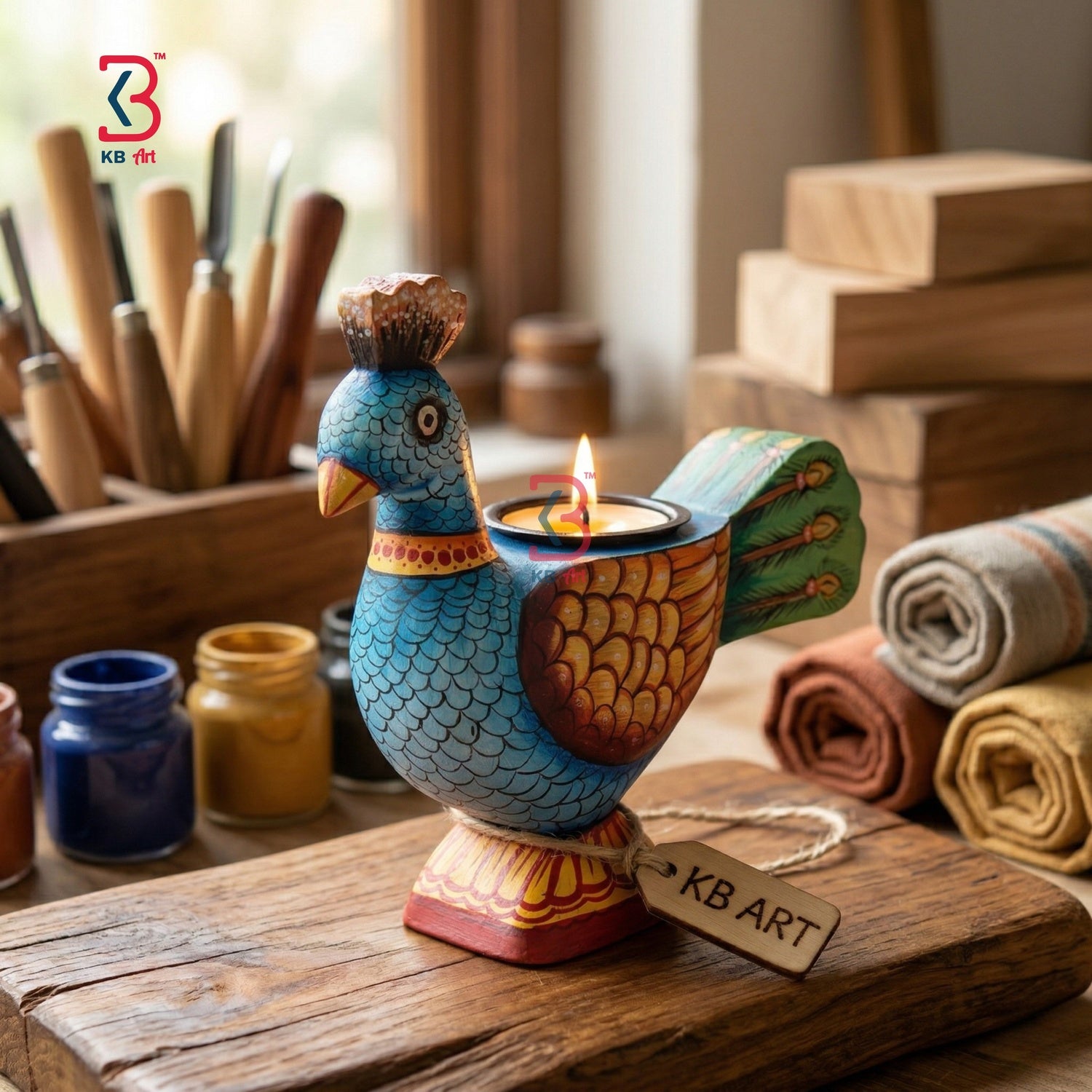 KB ART Blue Peacock Handpainted Wooden Candle Stand - Close-Up of Hand-Carved Artisan Texture - Handcrafted Wooden Decor Jodhpur