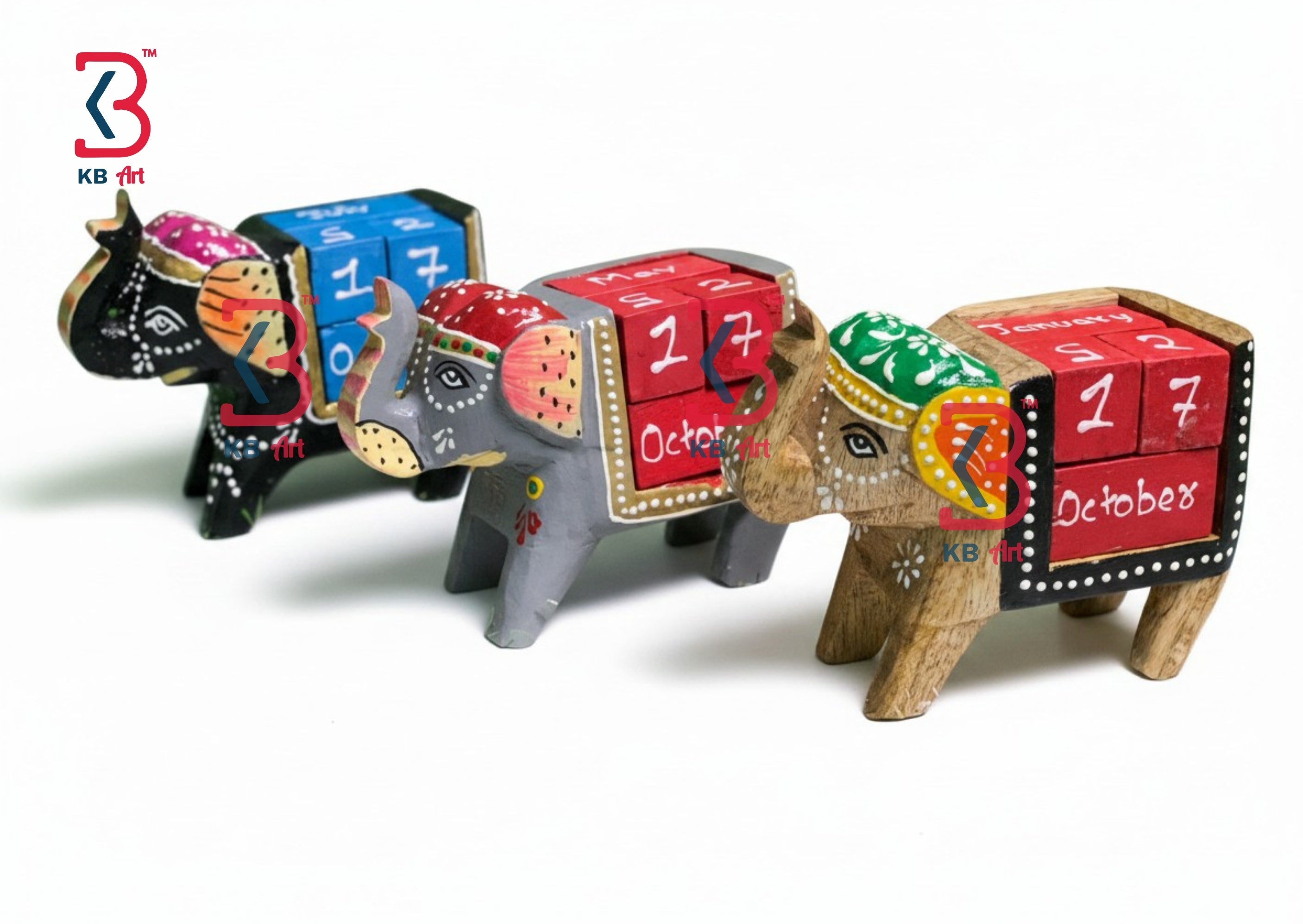 KB ART Wooden Carved Elephant Calendar - Close-Up of Hand-Carved Artisan Texture - Handcrafted Wooden Decor Jodhpur