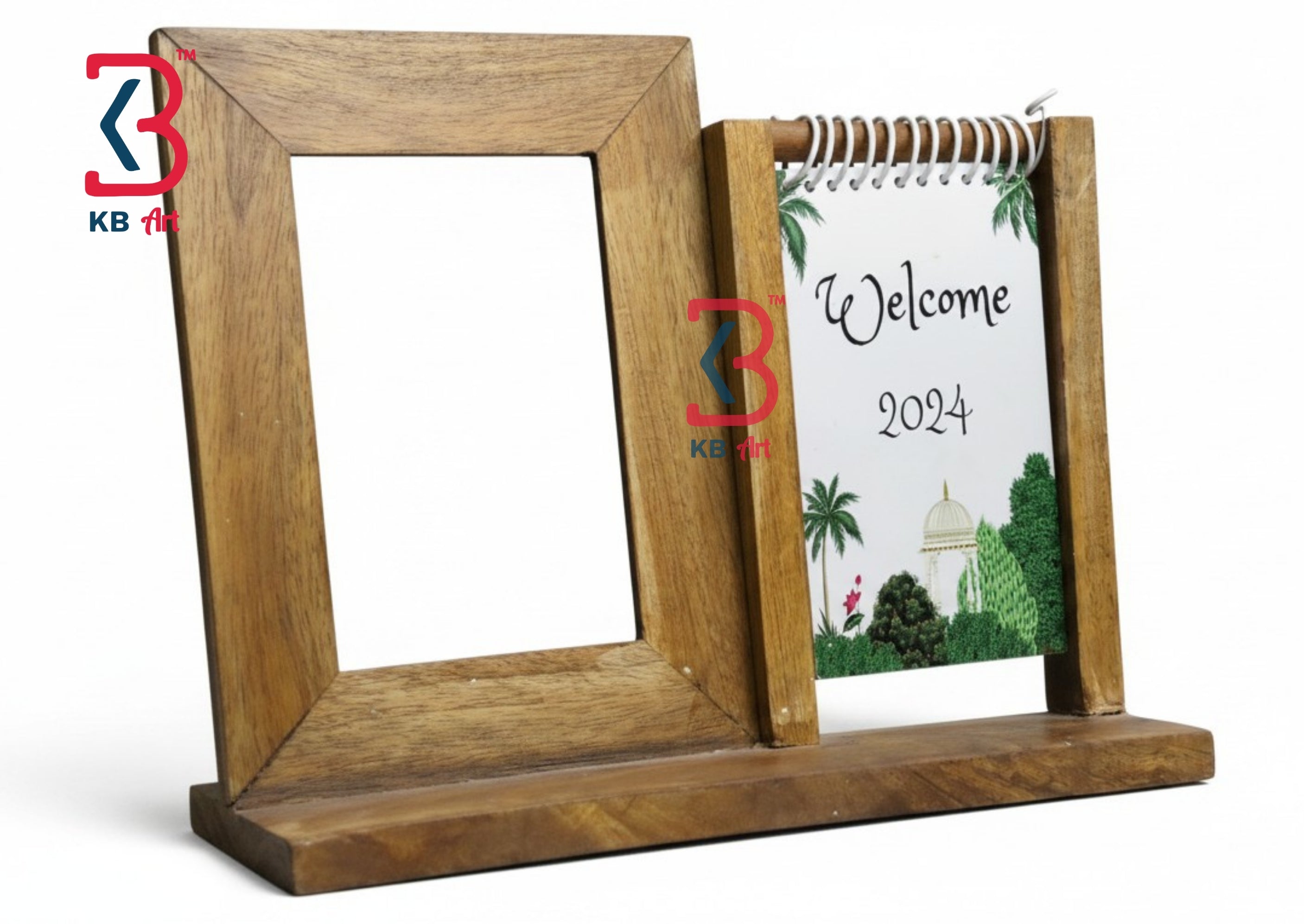 KB ART Wooden Frame Calendar Desk Organiser - Front View of Handcrafted Detailing - Handcrafted Wooden Decor Jodhpur