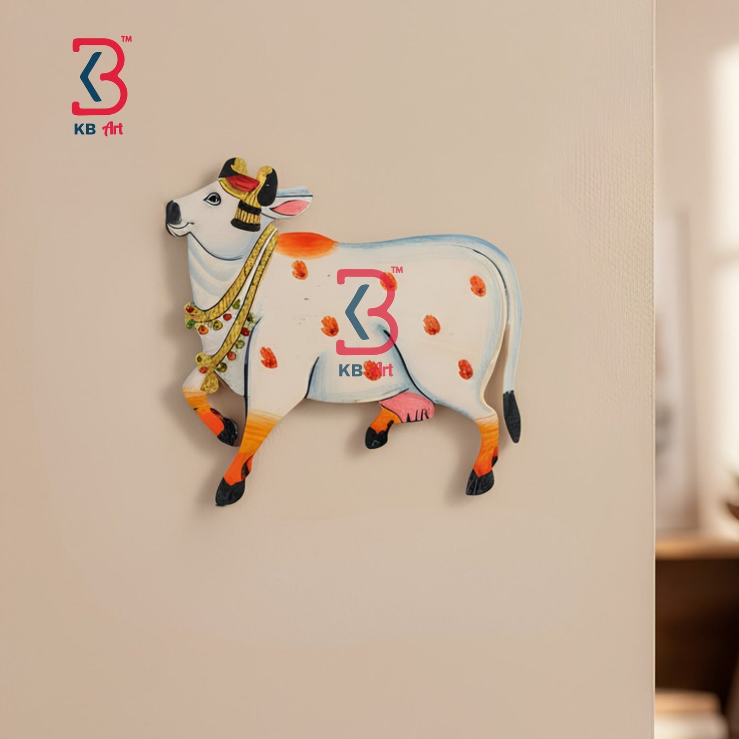 KB ART Mdf Cutouts Cow Pichwai - Front View of Handcrafted Detailing - Handcrafted Wooden Decor Jodhpur