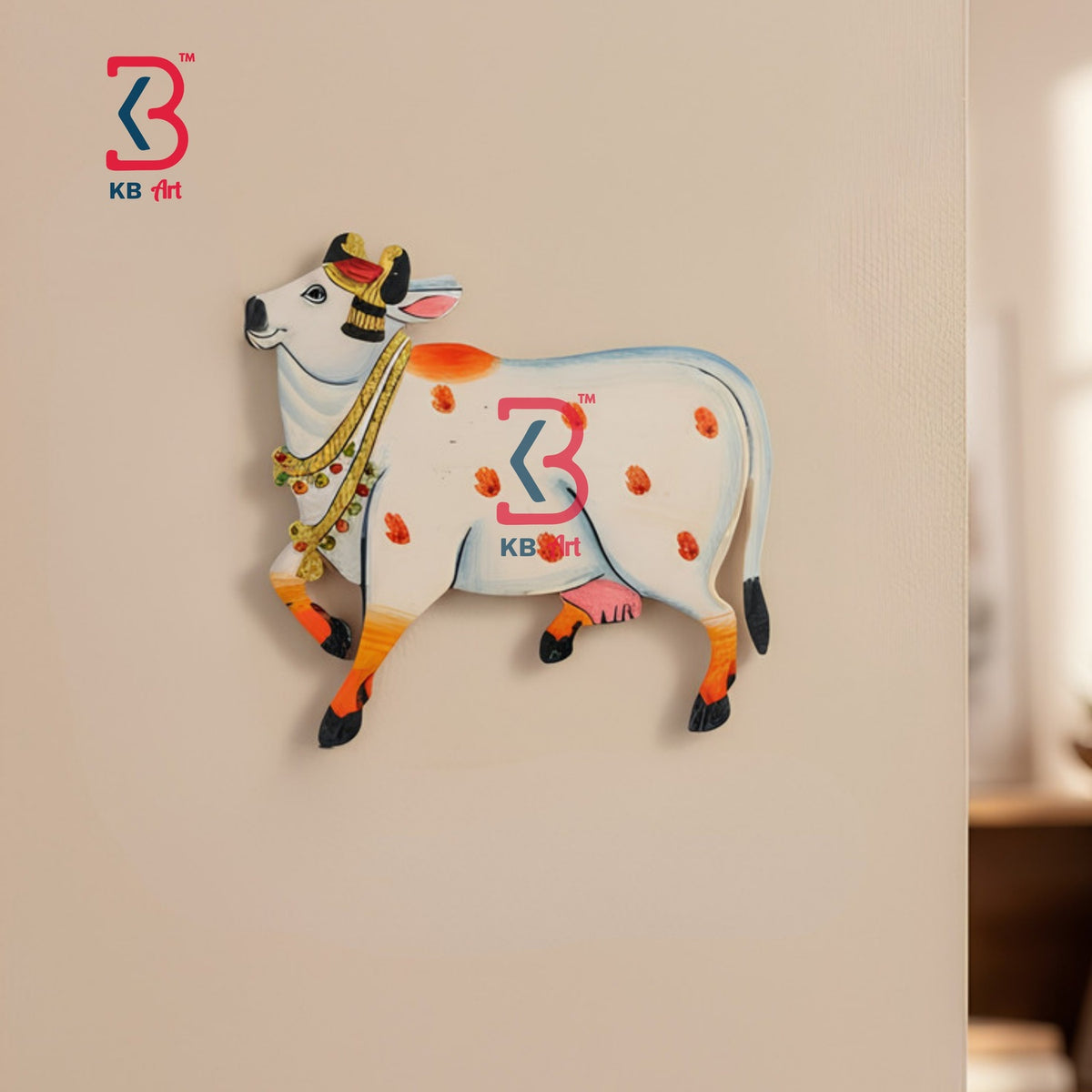 KB ART Mdf Cutouts Cow Pichwai - Front View of Handcrafted Detailing - Handcrafted Wooden Decor Jodhpur