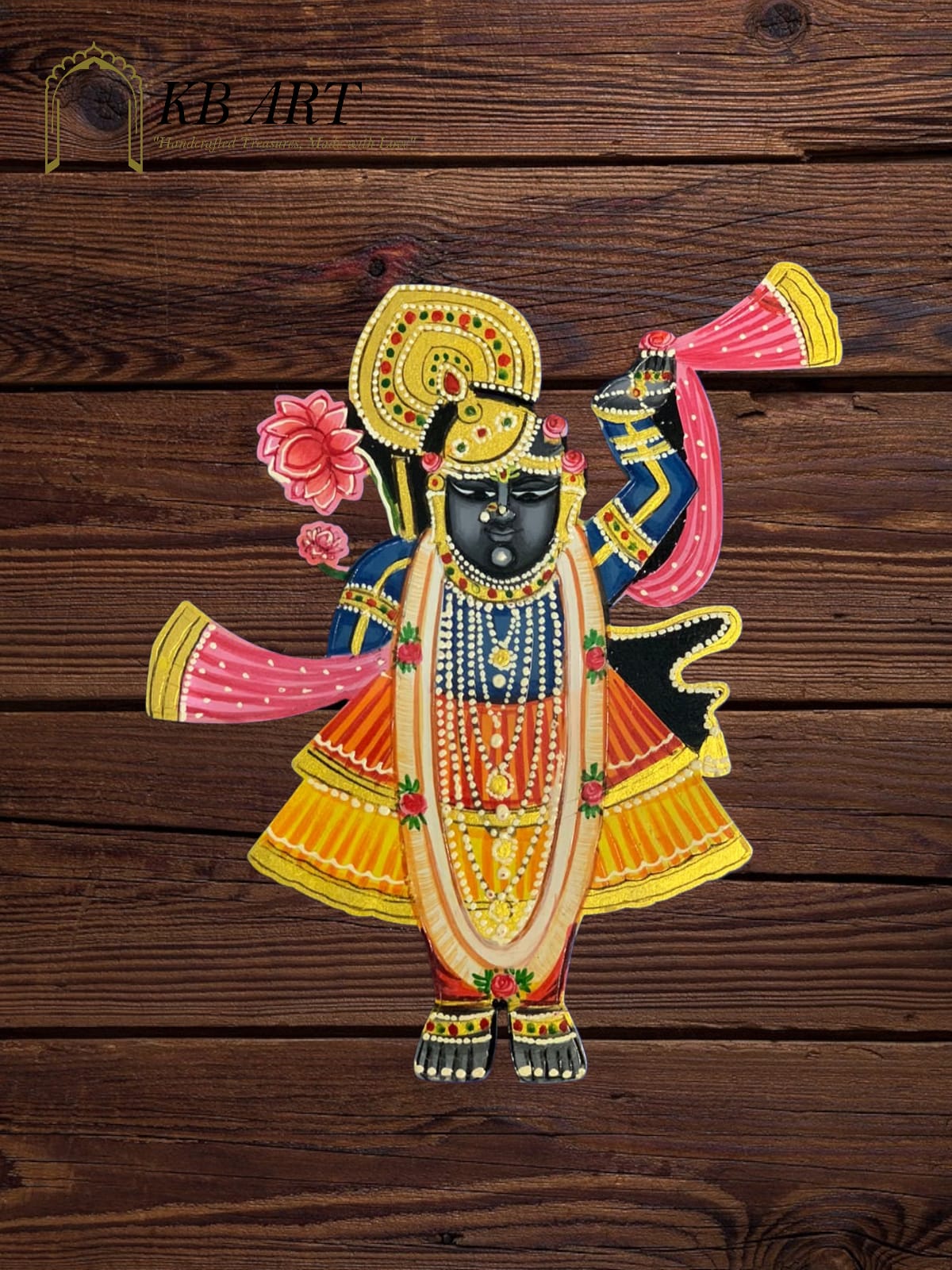 KB ART Standing Shrinathji Pichwai Wall Decor - Side Angle Showing Finish and Craftsmanship - Handcrafted Wooden Decor Jodhpur