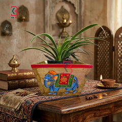 KB ART Wooden Trapezium Elephant Pichwai Planter - Close-Up of Hand-Carved Artisan Texture - Handcrafted Wooden Decor Jodhpur