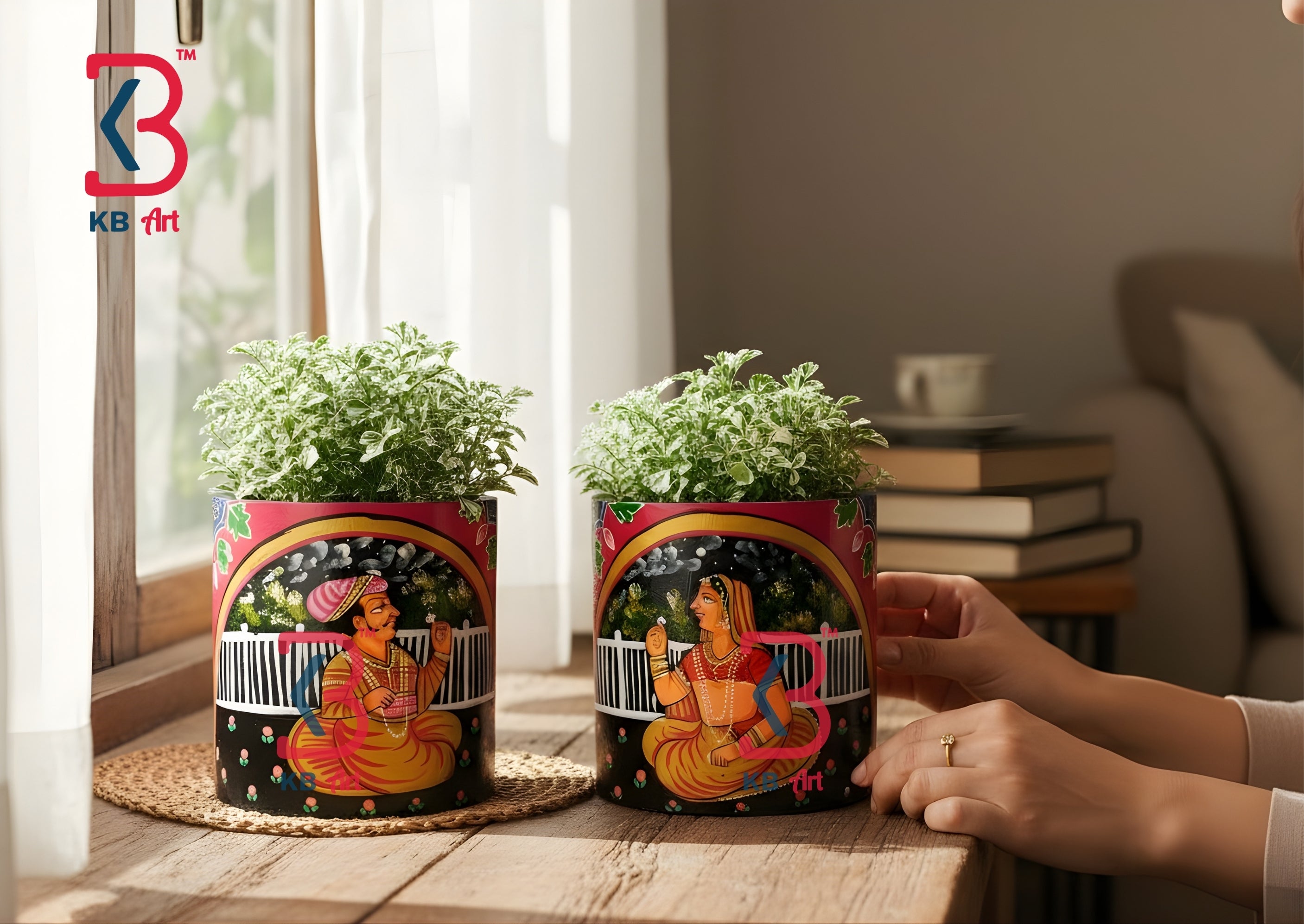 KB ART Pichwai Raja Rani Planter - Styled Display in Home Interior Setting - Handcrafted Wooden Decor Jodhpur