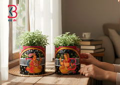 KB ART Pichwai Raja Rani Planter - Styled Display in Home Interior Setting - Handcrafted Wooden Decor Jodhpur