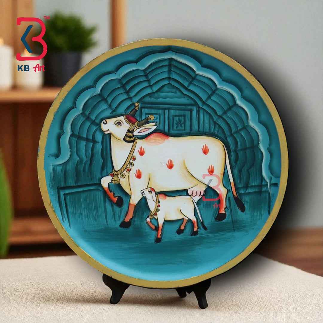 KB ART 12x12 Inch Round Wooden Pichwai Cow Wall Plate  | Handpainted Blue Lotus Cow Art | Traditional Indian Home Decor