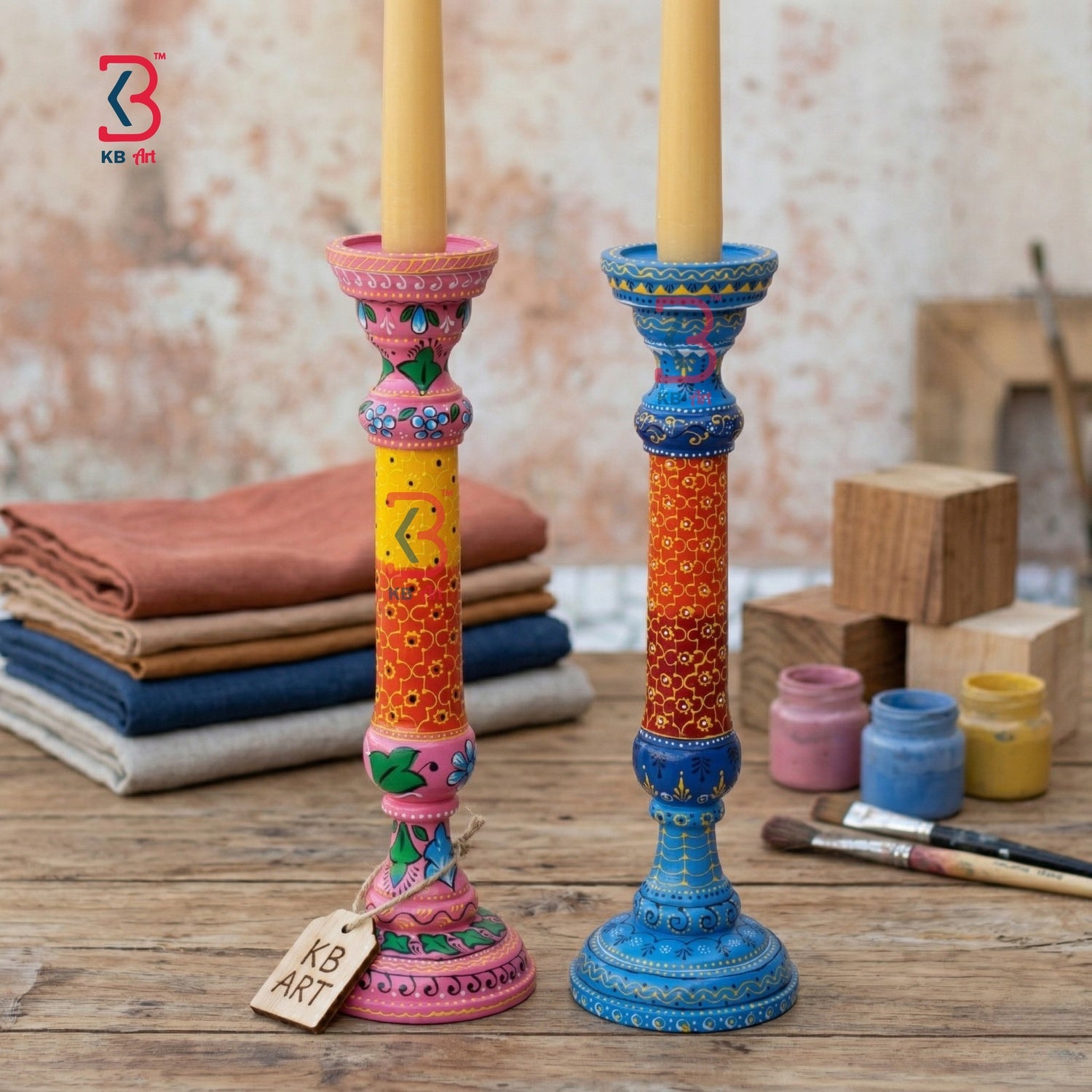 KB ART Colorful Handpainted Wooden Pillar Candle Holders - Close-Up of Hand-Carved Artisan Texture - Handcrafted Wooden Decor Jodhpur