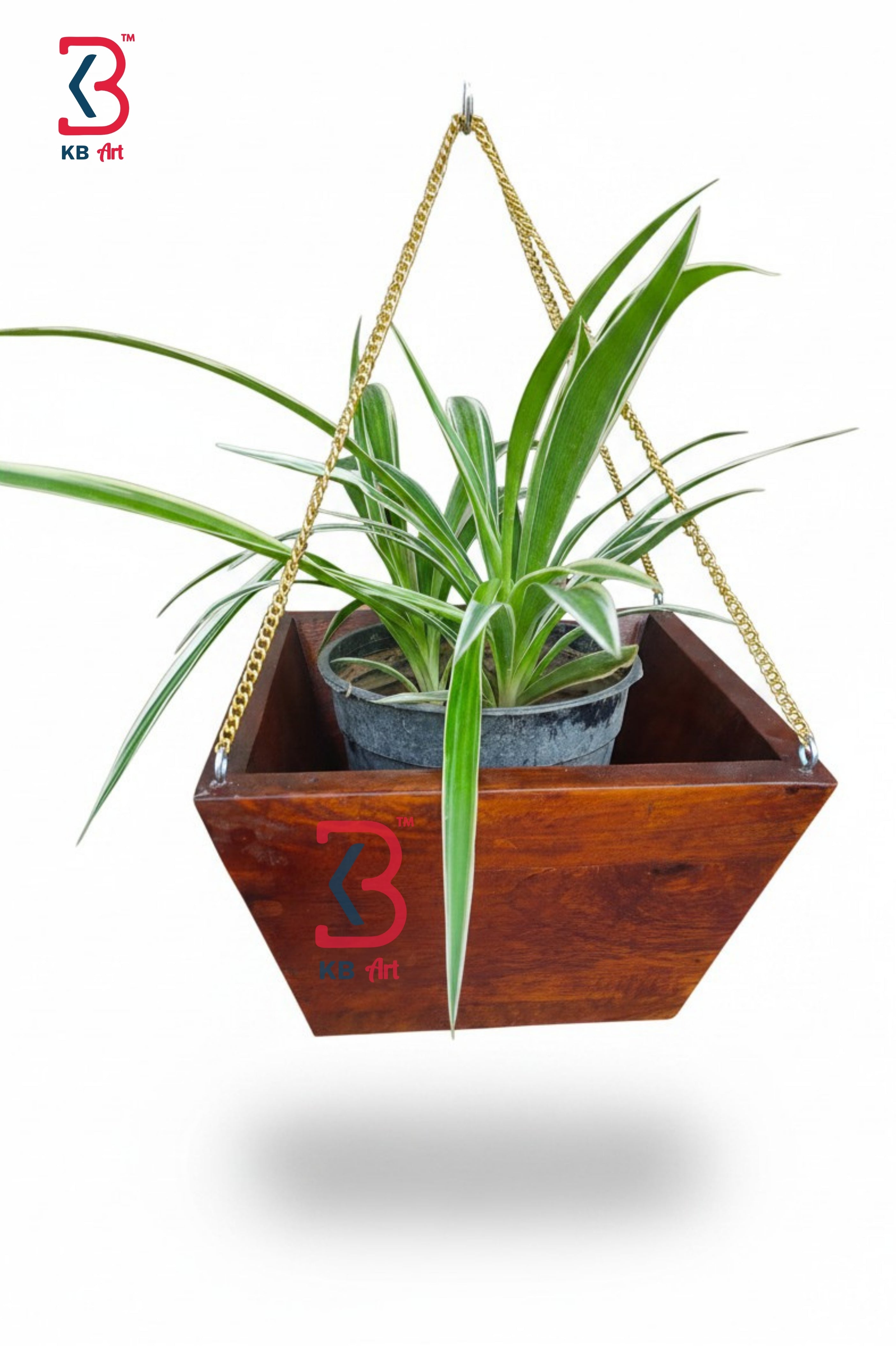Hanging wooden planter with a plant on a white background, featuring the KBART logo