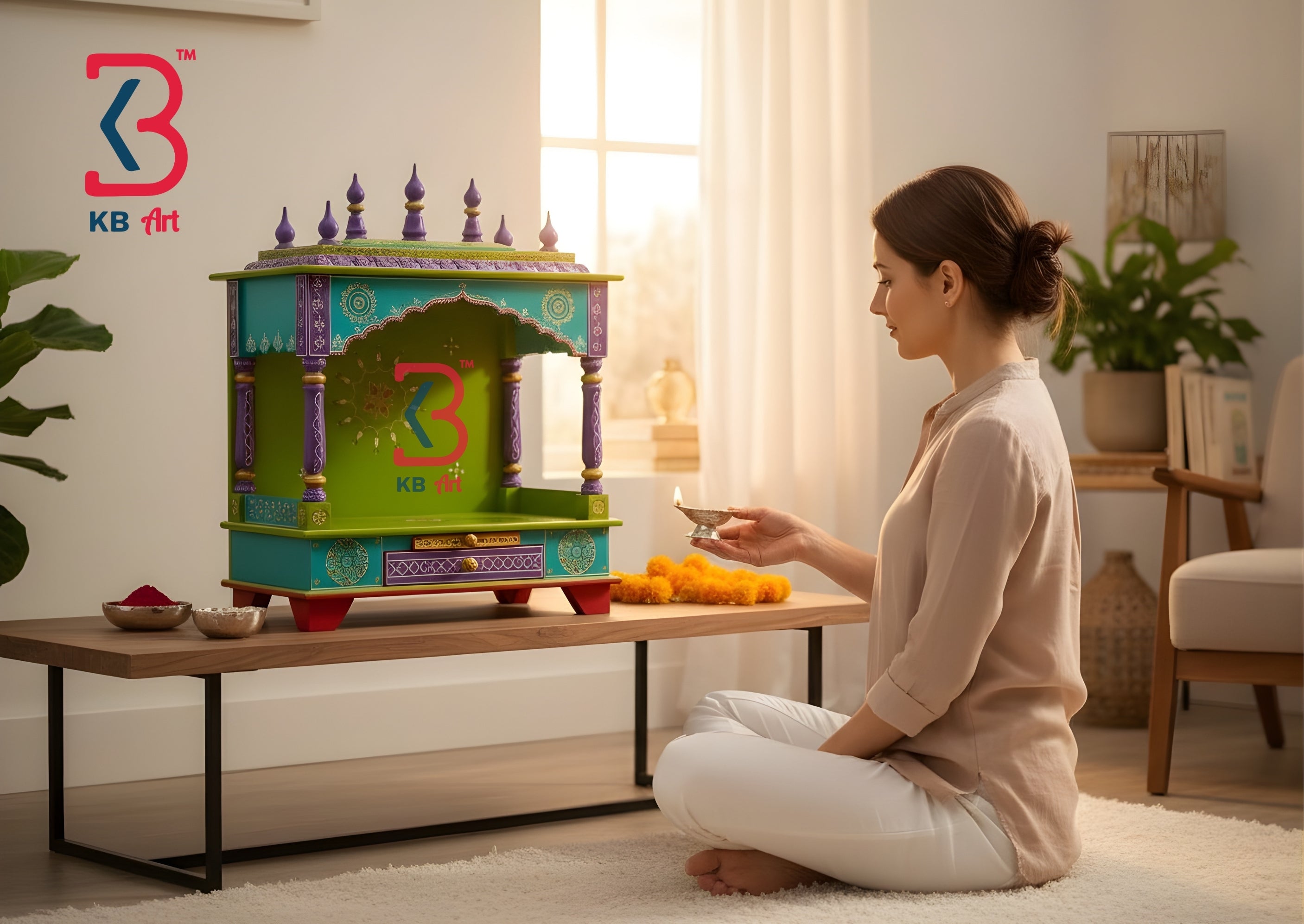 A woman in a beige outfit sits cross-legged on a white rug, offering flowers to a brightly colored decorative altar box placed on a low wooden table in a warm, modern living room. The altar features green, blue, purple, and red painted details with the KB Art logo visible on both the product and as a watermark in the top left.