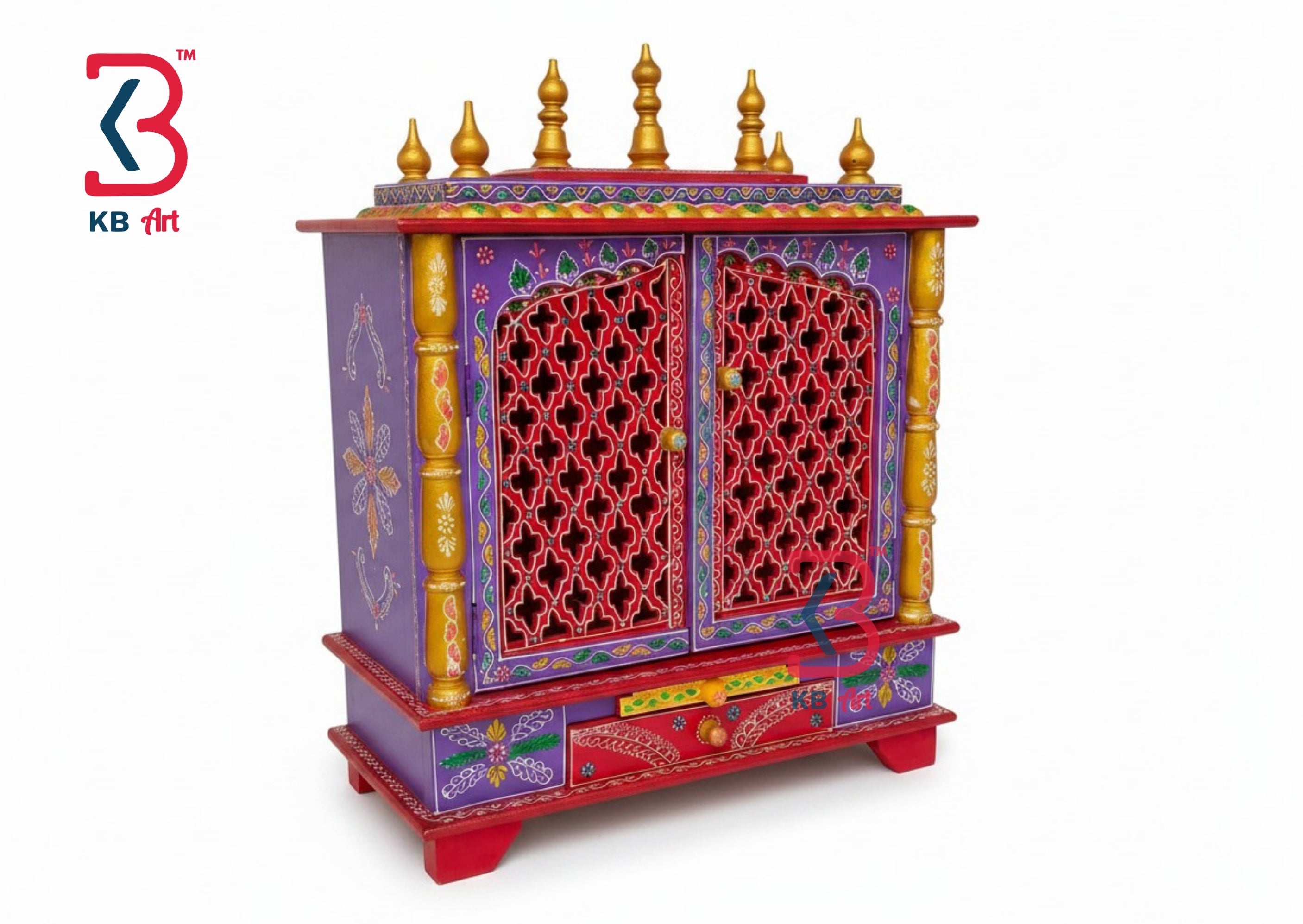A hand-painted wooden Shiva cabinet with purple and red panels, gold pillars, and intricate geometric patterns, shown on a white background with a KB Art logo in the top-left corner.